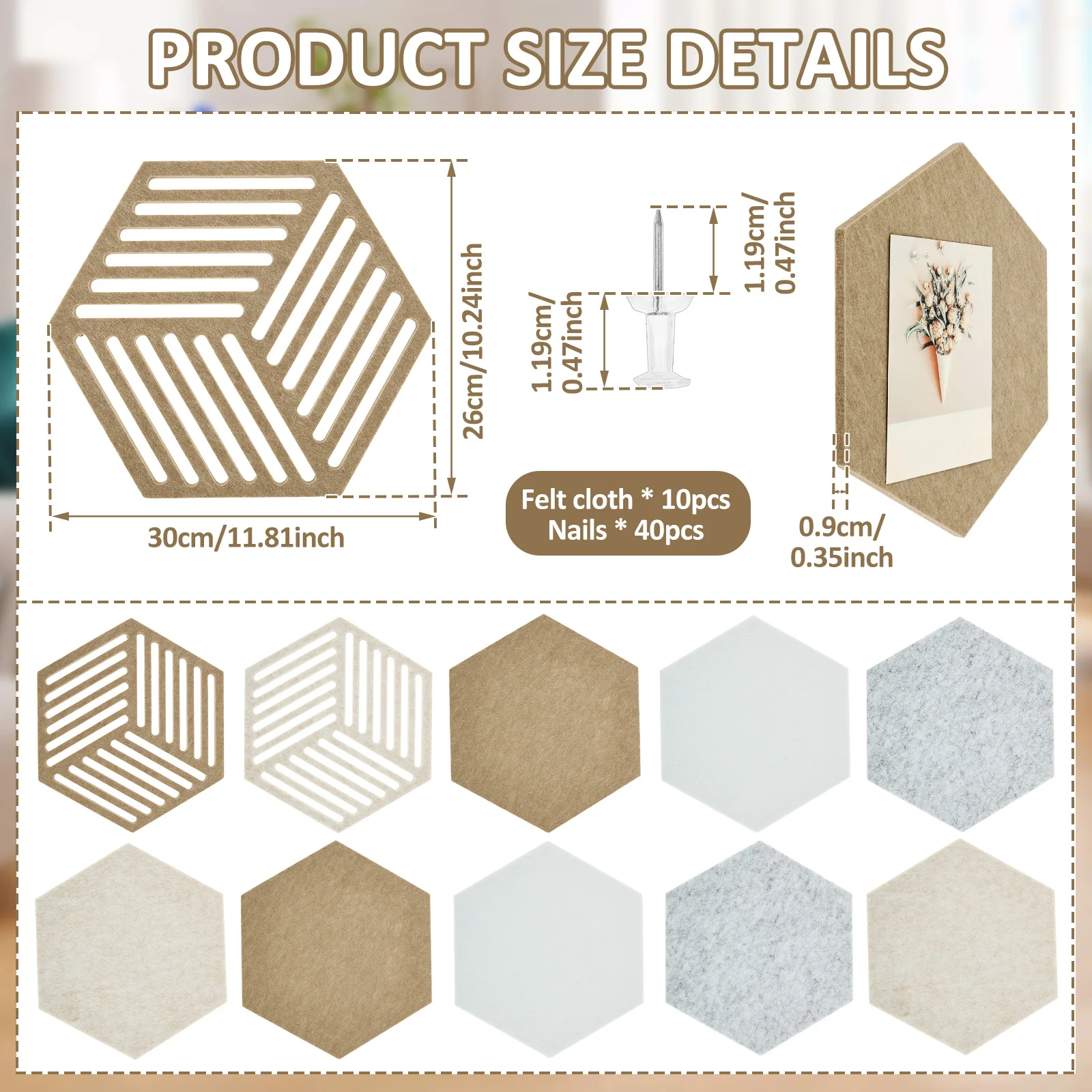 10/2Pcs Hexagon/Arched Felt Cork Bulletin Board Tiles for Home Office Wall Decor Adhesive Felt Pinboard for DIY Notes Photos