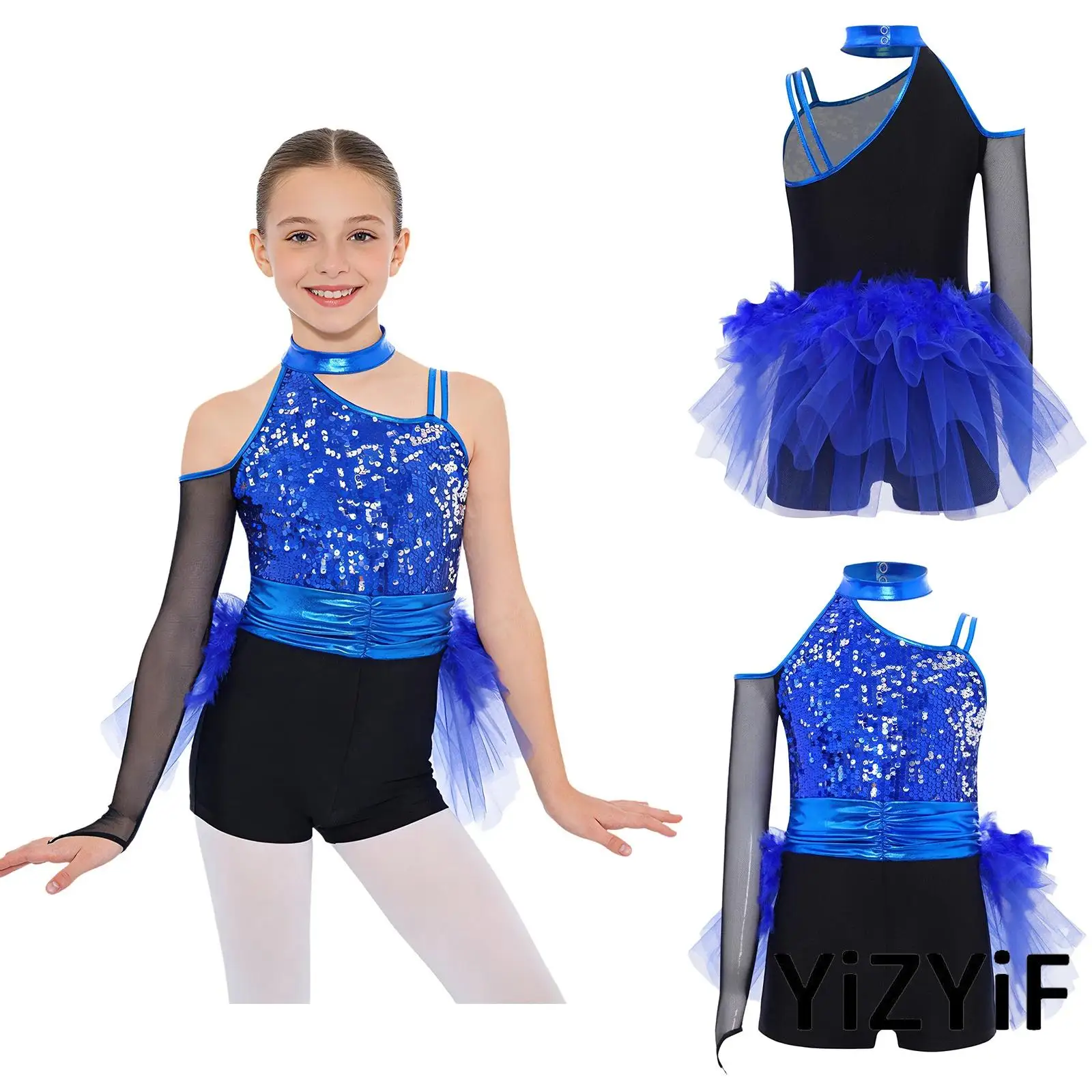 

Kids Girls Jazz Latin Dance Performance Leotard Color Block Design with Ruched Waist And Asymmetrical Skirt for Stage Prom Shows