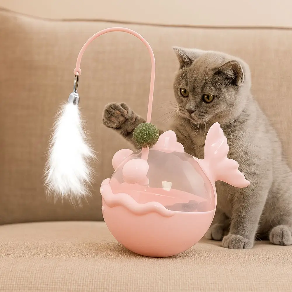 

Fish Shape Cat Leakage Food Toy Plastic with Feathers Interactive Cat Toy with Bells Tumbler Cat Treat Dispenser