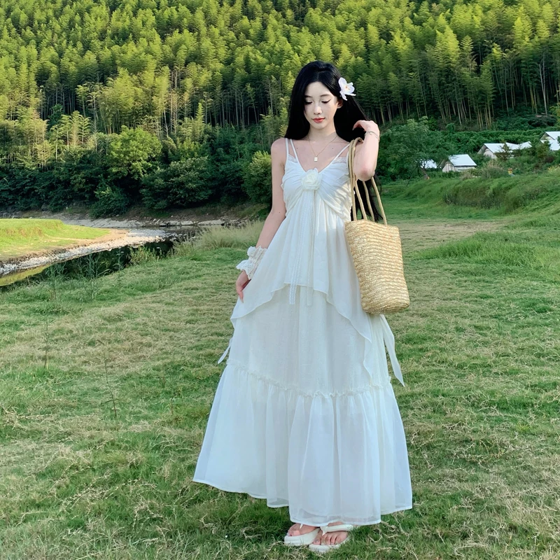 Retro Aosphere Fairy T Vaion Floral Lace  Strapl Dr White Gown with High Waist Cake Skirt Sle V-Ne A-Li...