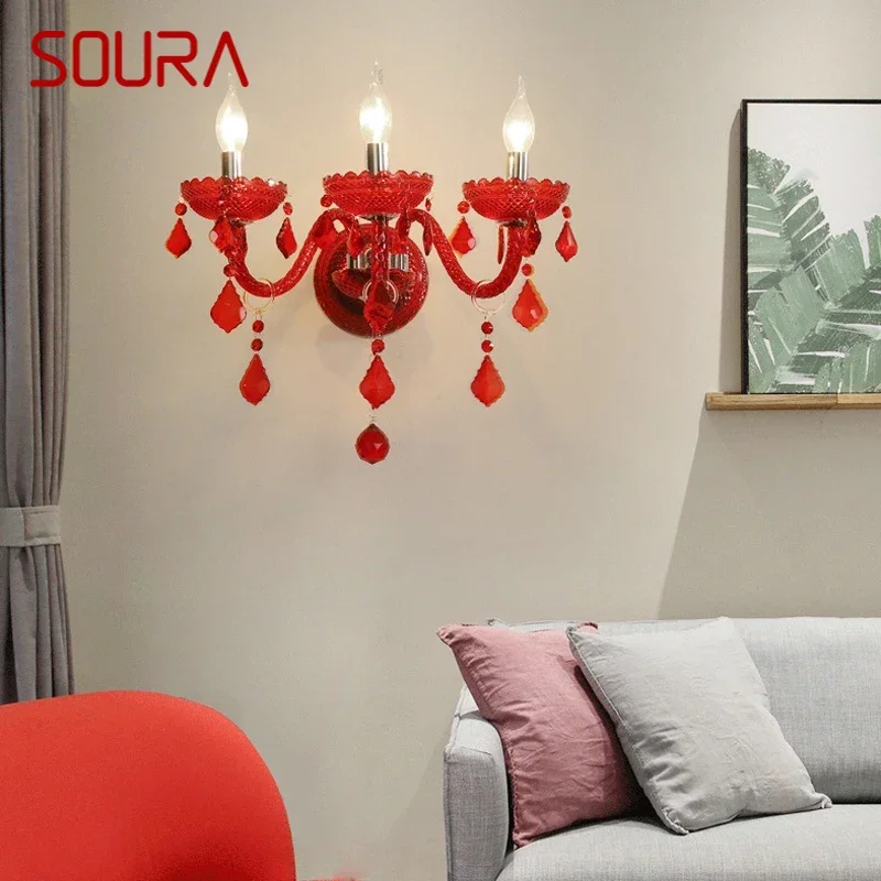 

SOURA Red Wedding Crystal Wall Lamp European Style Candle Lamp Luxurious Living Room Restaurant Bedroom Villa Hotel