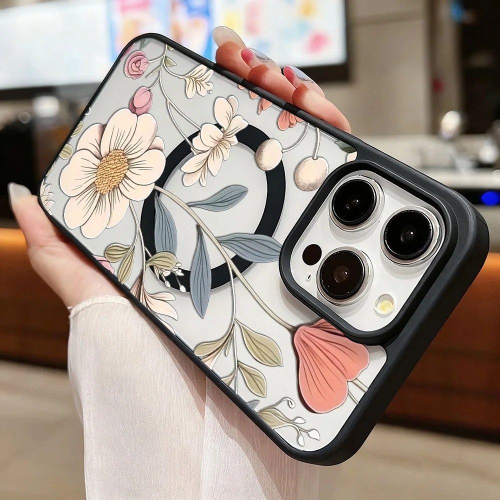 Black Frame Floral Anti-fall Phone Case For iphone 17 14 15 16 11 12 13 Pro Max 14 15 16 Plus 17 15 16 Pro Air transparent Cover