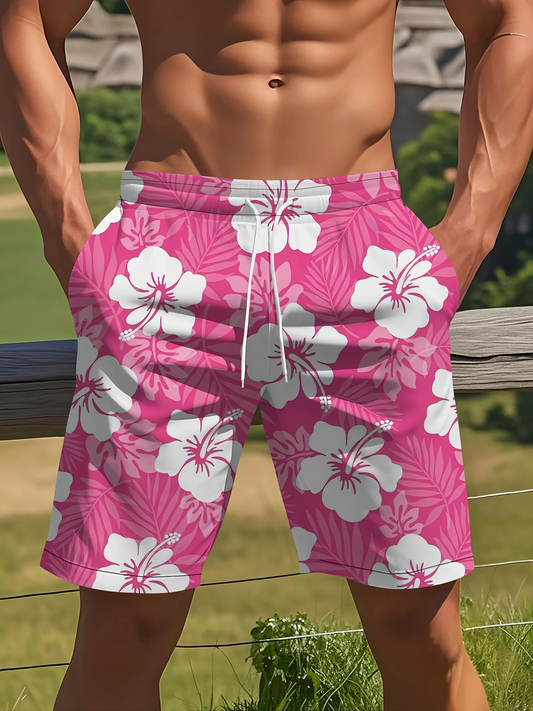 Men's Summer Quick Dry Beach Shorts, Hot Pink White Hibiscus Tropical Floral Print Drawstring Casual Board Shorts with Pockets