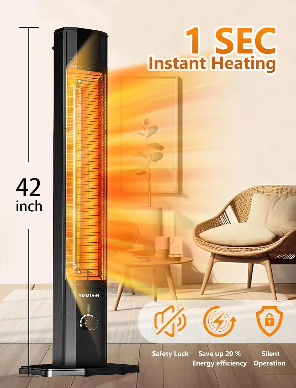 Outdoor Electric Patio Heater,Haimmy 42in Infrared Heater with Remote 9 Heat Levels, 9H Timers,1500W Instant Heating Safety Lock