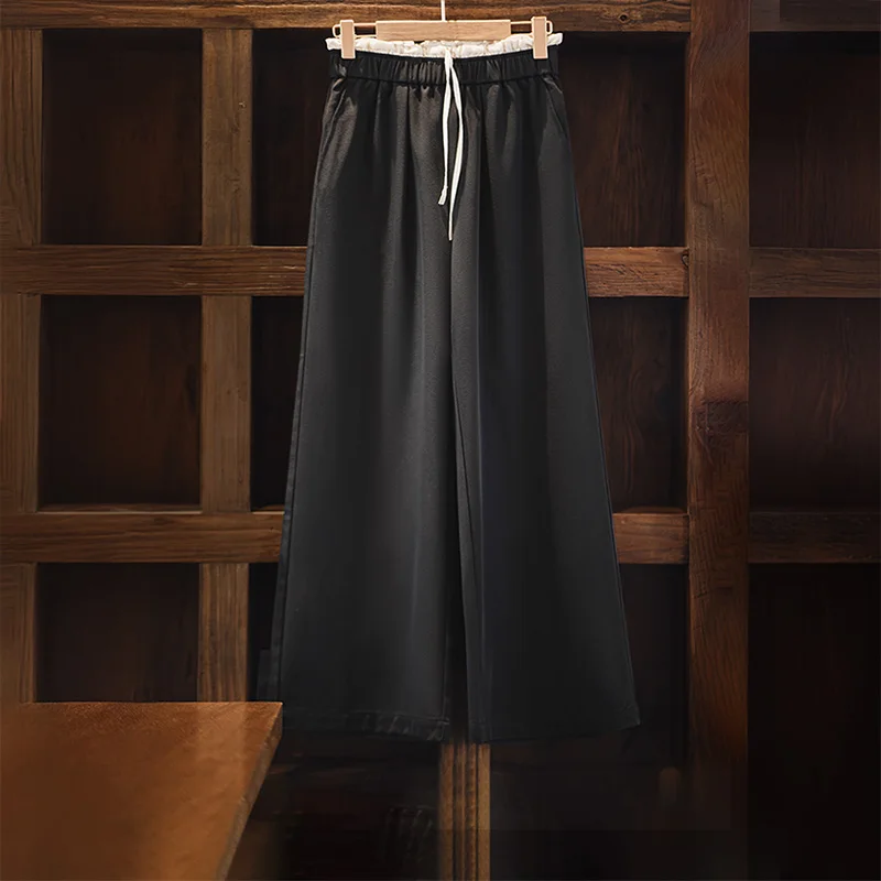 Maden Pantalones de retales de pierna ancha para mujer, cintura elástica negra con cordón, pantalones de vestir de oficina transpirables para verano