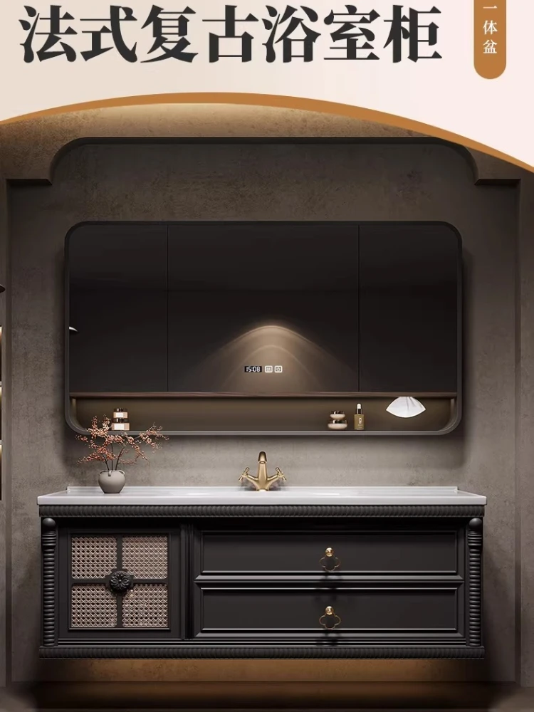 

Ретро-шкаф для ванной комнаты в французском стиле из ротанга с интегрированной керамической раковиной, комбинированный столик для умывания в ванной комнате