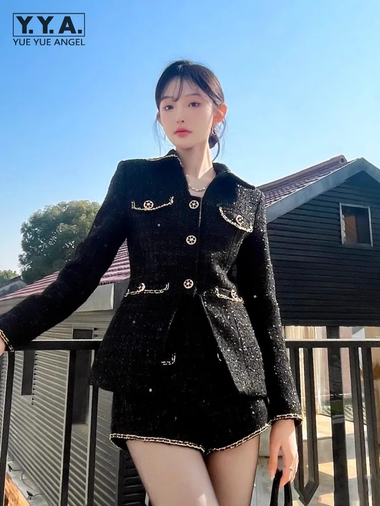 New Spring Office Ladies Slim Fit Elegant Design Fashion Black Long Sleeve Tweed Jacket High Waist Shorts Women Two Piece Set