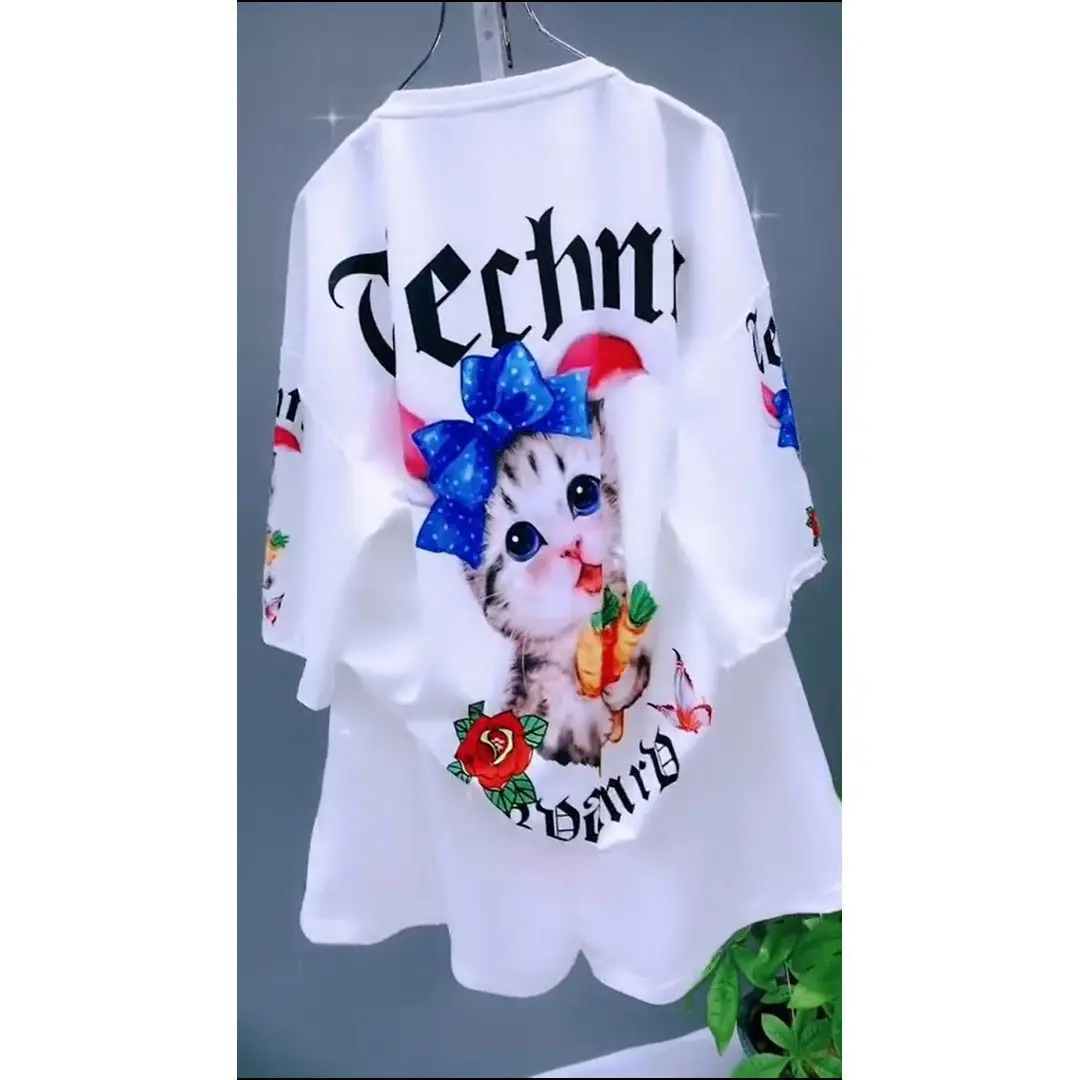 2023 sommer Neue Mode Weiß Stil Katze Druck Set Heavy Industrie Heißer Bohrer Kurzarm Frauen T-shirt Shorts Zwei-stück Set Femme