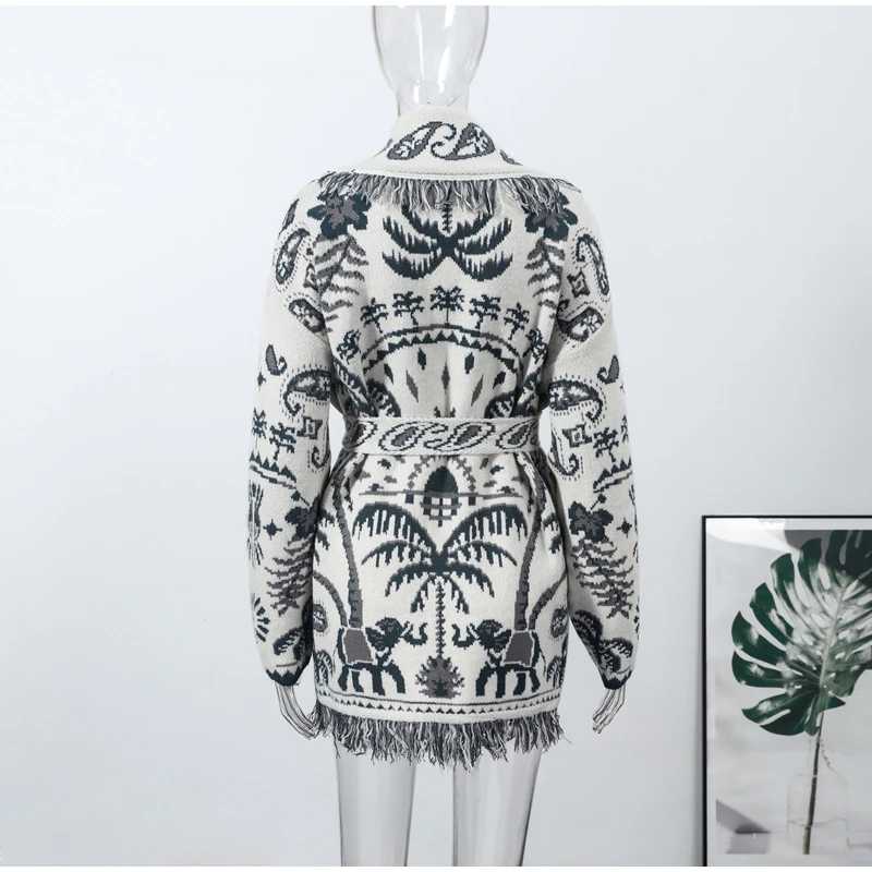 Knitted Jacquard Tassels Patchwork Cardigans Women Sweaters Long Sleeve V-neck Thicken Vacation Sweater 2025 Autumn Coats Tops