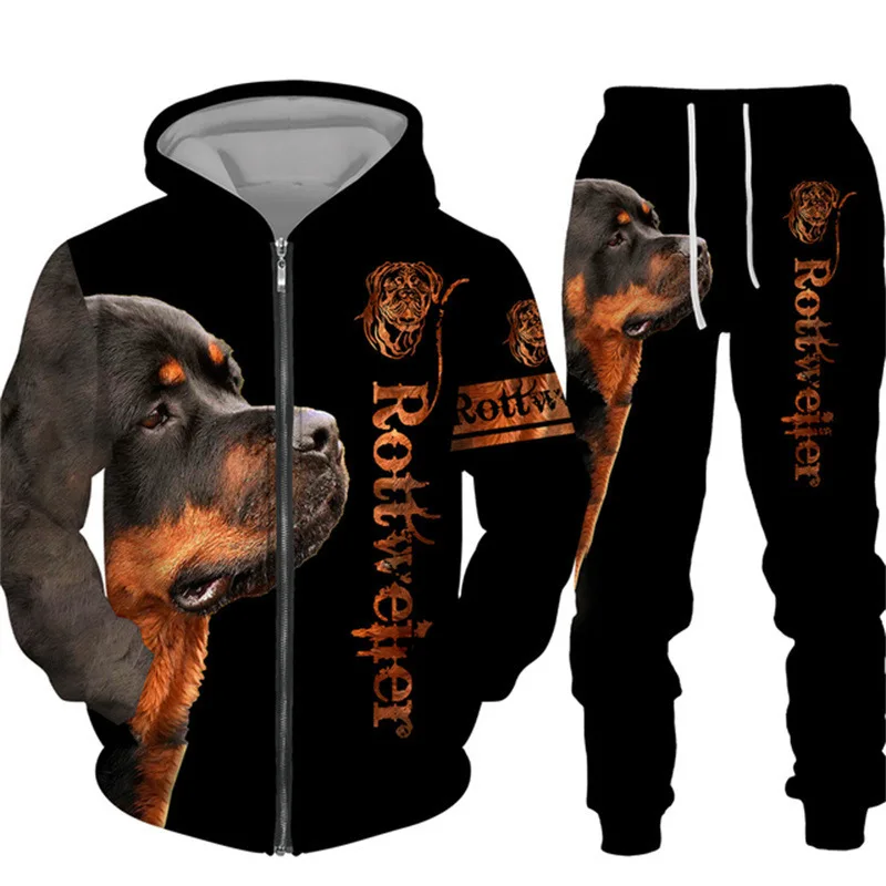 Autumn/Winter Animal Dog Printing Series 3D Digital Printing Set Men's Hooded Hoodie Two Piece Set Hoodie+Pants Fashion Coat