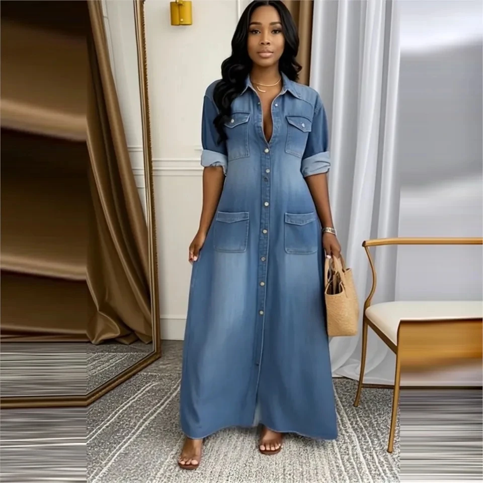 

Fashion Denim Long-sleeved Women's Dress Autumn Loose Single-breasted Denim Long Female Dress With Casual Pockets A Line Dresses