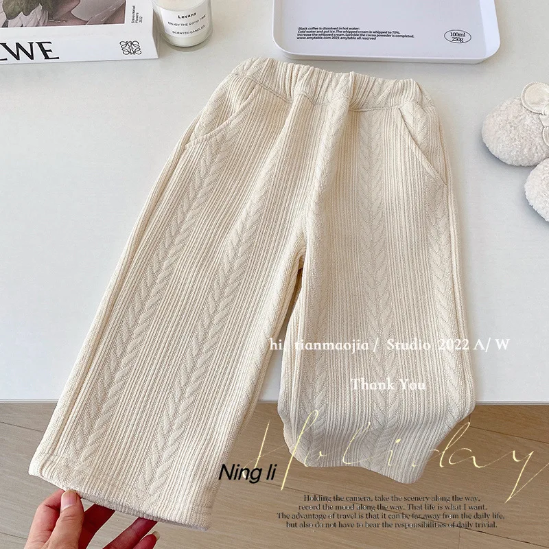 Girls Wide-leg Pants Autumn and Winter Fleece Thickened Beige Baby Integrated Fleece Baby Casual Pants Straight-leg