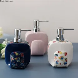 1pc 400ml Flower Pattern Ceramic Shampoo Liquid with Sponge Seat Bathroom Soap Dispenser Lotion Bottle Wristband Hand Dispenser