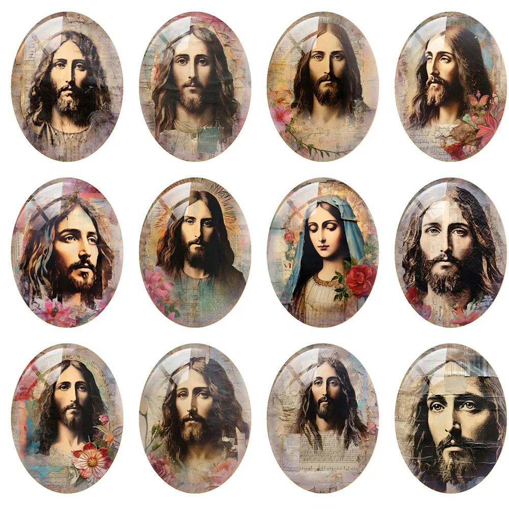 

10pcs/lot Christmas X-mas Winter Jesus Oval Photo Glass Cabochon Charms Flatback Demo Flat Back Cameo For Diy Jewelry Making