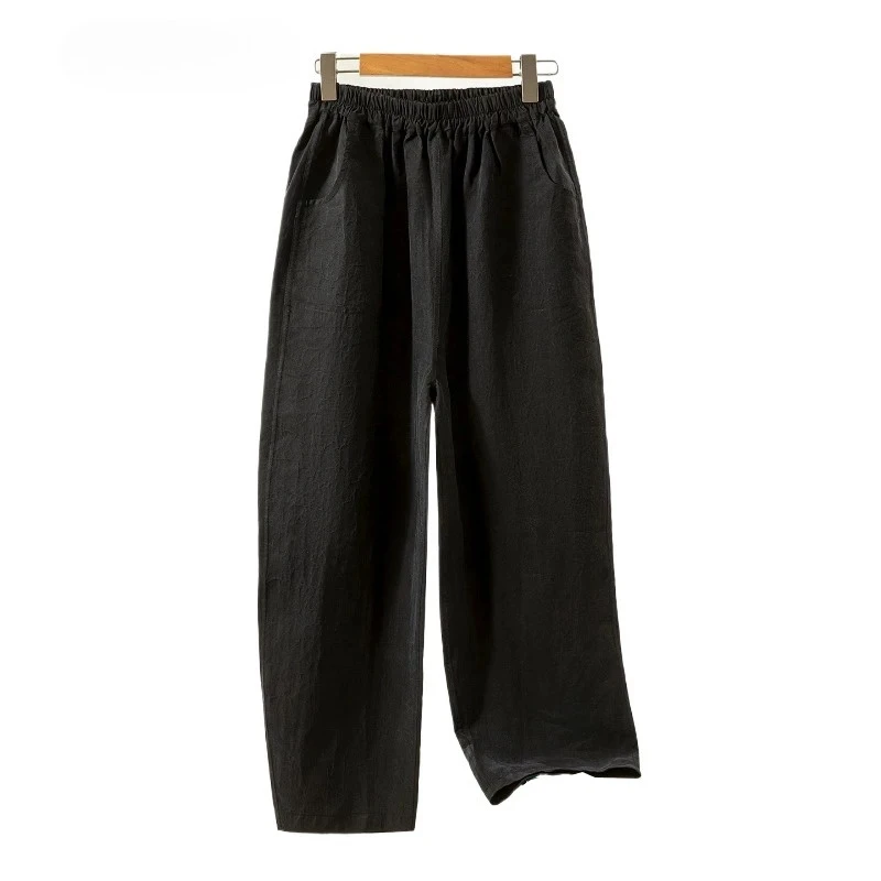 Women's Fashion Black 100% Natural Mulberry Silk Turtle Crack Gambiered Guangdong Gauze Retro Pocket Design Straight-leg Pants
