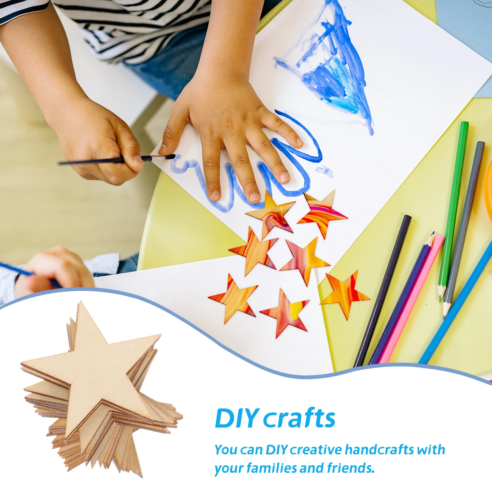 ดาวไม้ยังไม่เสร็จ 50 ชิ้น ขนาด 40 มม. ตัดอย่างแม่นยำ สำหรับงานประดิษฐ์ งานฝีมือเด็ก โครงการโรงเรียน งานเดคูพาจ ป้ายตกแต่ง