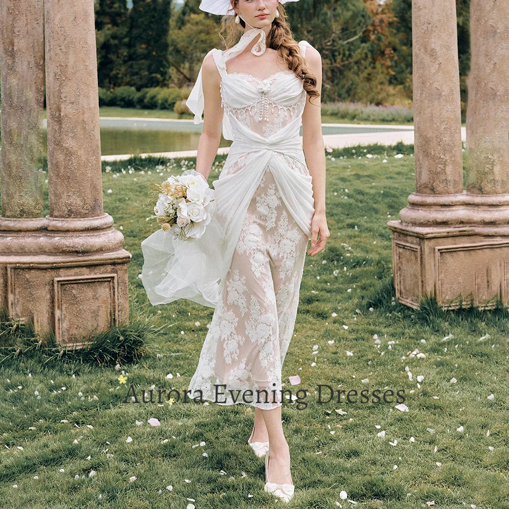 Aurora Whimsical Romantic Lace Mermaid Wedding Dresses for Women Sweetheart Neck Pearl Tassel Twisted Draped Waist Bridal Dress