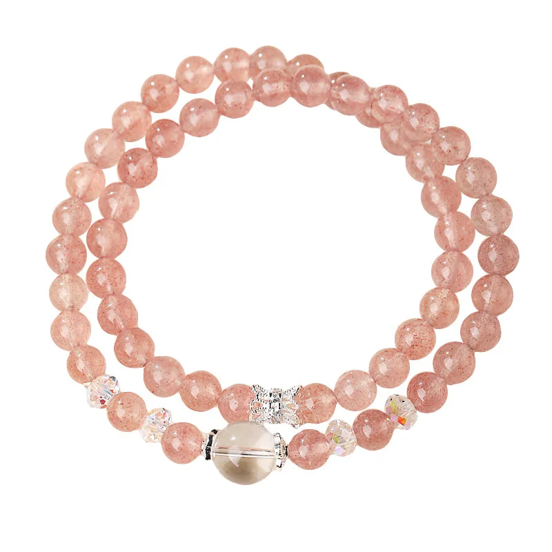 Natural Strawberry Quartz & White Crystal Bracelets: Double Loop & Pixiu Beaded Styles, Gift for Girlfriend
