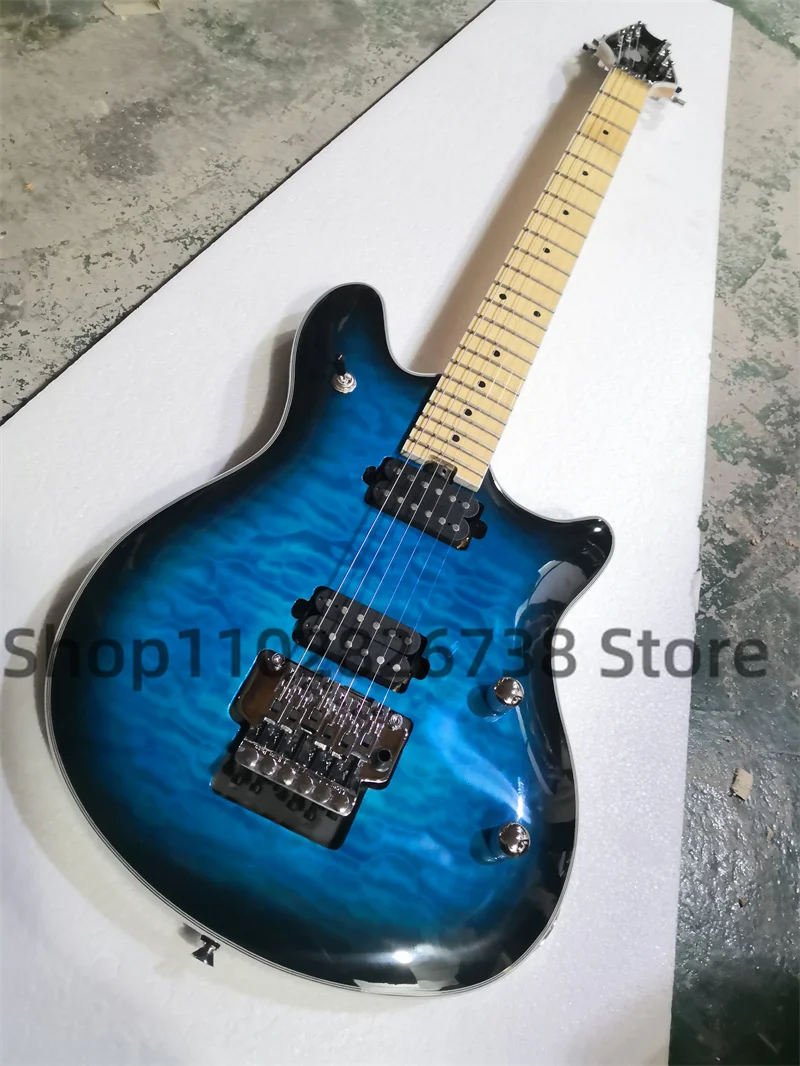 

Blue Electric Guitar Wol body Flamed maple Top tremolo bridge closed fretboard HH pickups Maple fretboard