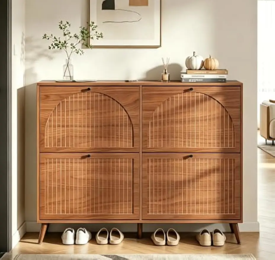 Entryway Shoe Storage Cabinet Walnut 4 Fluted Flip Drawers Slim Freestanding Hidden Adjustable Shelves Wooden 2 In 1 Hall Tree F