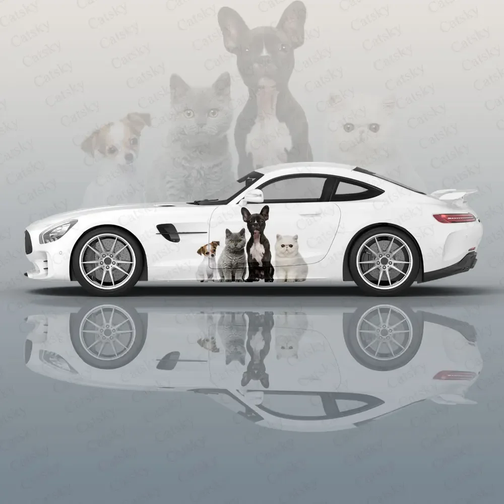 Cat and Dog Racing Car Graphic Decal Protect Full Body Vinyl Wrap Modern Design Vector Image Wrap Sticker Decorative Car Decal