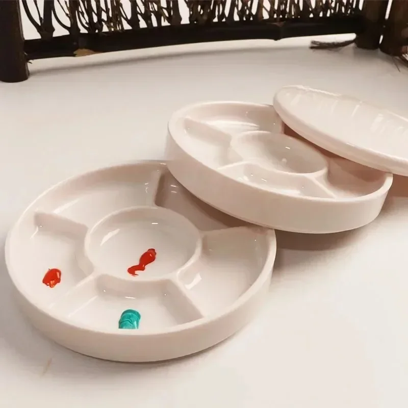 Round Porcelain Paint Palette with Lid, Plastic Imitation Ceramic Tray for Acrylic Watercolor Pigments, Art Painting Supply,