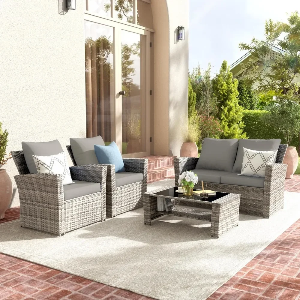 4 Piece Patio Furniture Set, Wicker Outdoor Sectional Sofa Sets, Gray PE Rattan Patio Conversation Set for Balcony Porch Grey