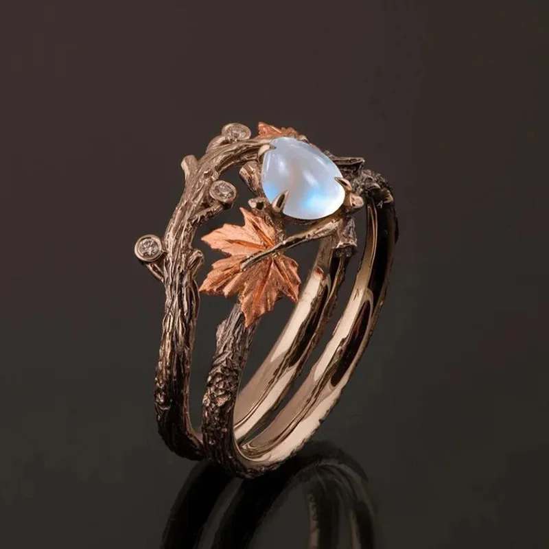 Vintage Antique Gold Twig Maple Leaf Moonstone Ring For Women Girls Light Luxury Ring Jewelry Accessories Anniversary Gifts