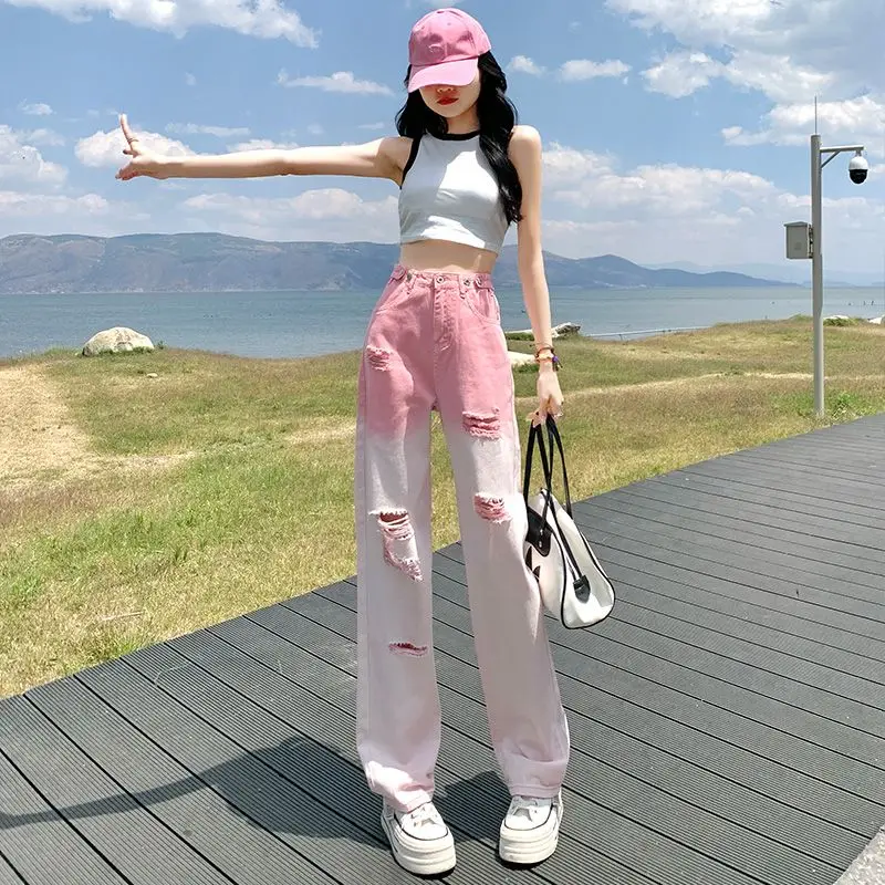 

Distressed Gradient Denim Jeans For Women 2024 Summer New Thin Fashion Pink Slimming Loose High Waist Straight Leg Women's Pants