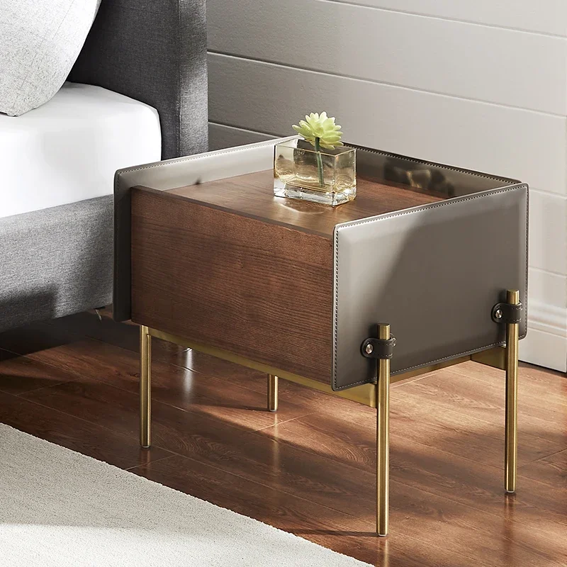 The latest modern bedside table natural wood simple veneer bedside table with stainless steel legs