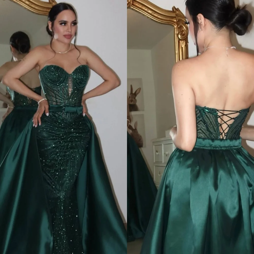 

Customized Exquisite Dark Green Evening Dress Temperament Strapless Sleeveless Sequined Homecoming Dress Mermaid Prom Dress