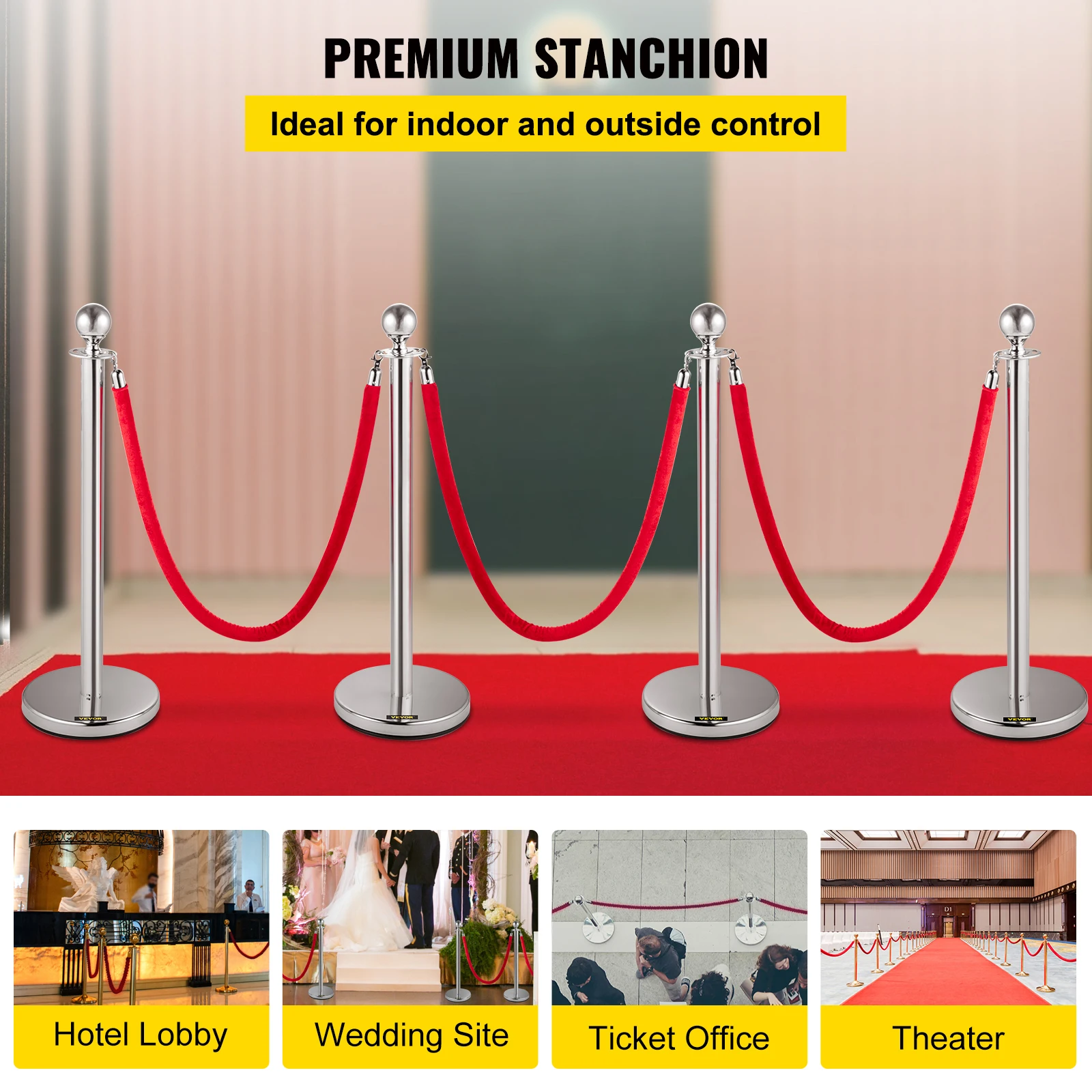 VEVOR 38Inch 4pcs Silver Stanchion Posts Queue Red Velvet Rope Crowd Control Line Barriers with Stable Base for Party Supplies