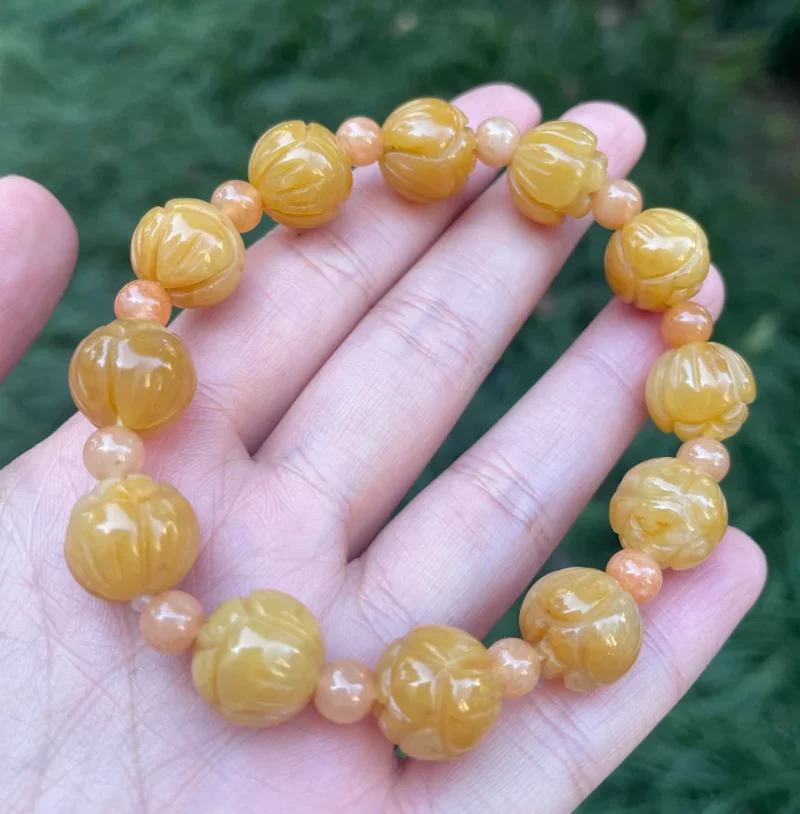 Pulsera de cuentas de loto de Jade amarillo y Esmeralda, brazalete ajustable Natural, accesorios de moda, amuleto de la suerte tallado a mano, 10-14mm