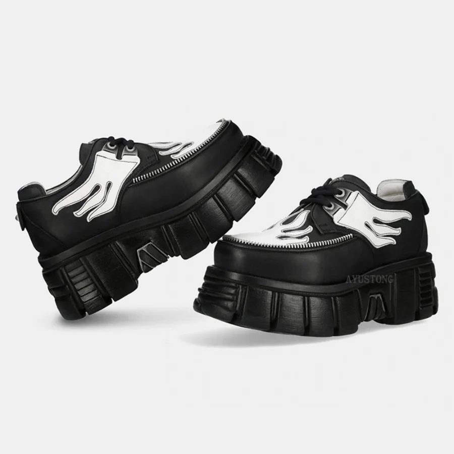 Women Black White Flame Print Lace Up Platform Shoes 7 Cm Thick Bottom Gothic Punk Street Casual Leather Sneakers Unisex for Men