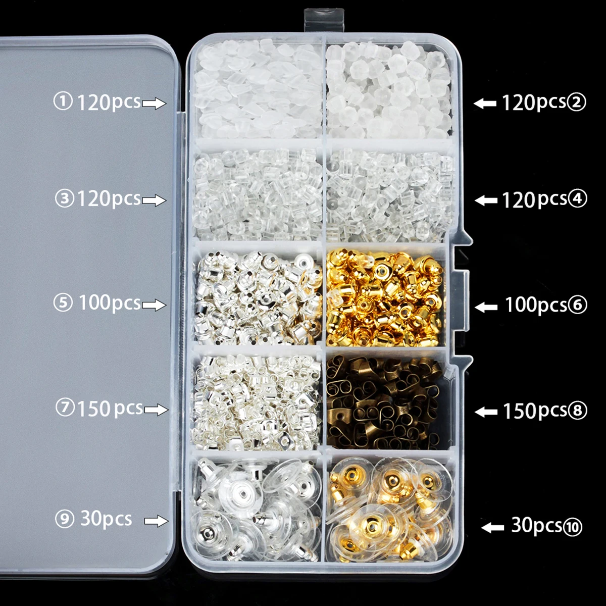 

1040pcs Ear Stud Backs Backs Set Silver Stud Earlobe Support Durable Anti Allergic Jewelry Making Organizer Box