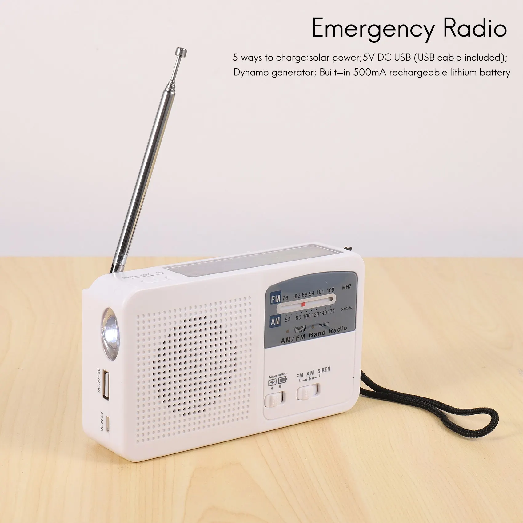 Radio de emergencia con manivela Solar y manual, autoalimentada, batería, carga USB, Radio FM/AM, linterna LED, cargador de teléfono