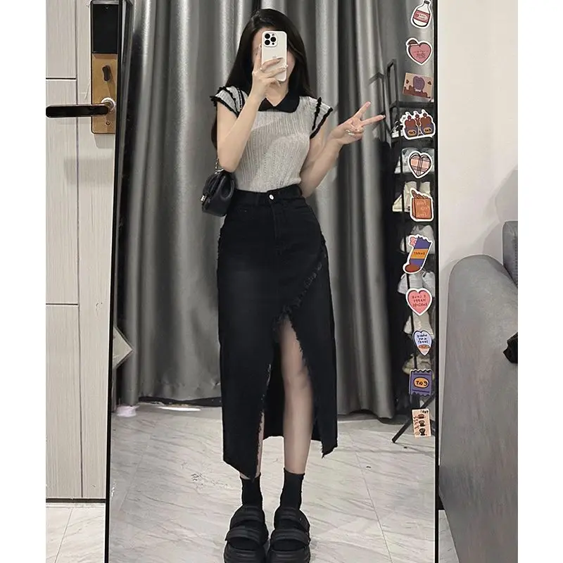 Doll Collar Contrasting Colors Knitting Tops Lapel Collar Short Sleeved Lady Summer Slim Appear Thin Comfortable Casual T-shirt