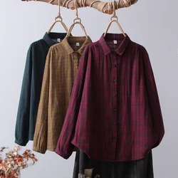 Women's Plaid Shirts Cotton Yarn Long Sleeve Tops Vintage Japan Style Loose Red Green Plaid Blouses Shirts For Women Tops