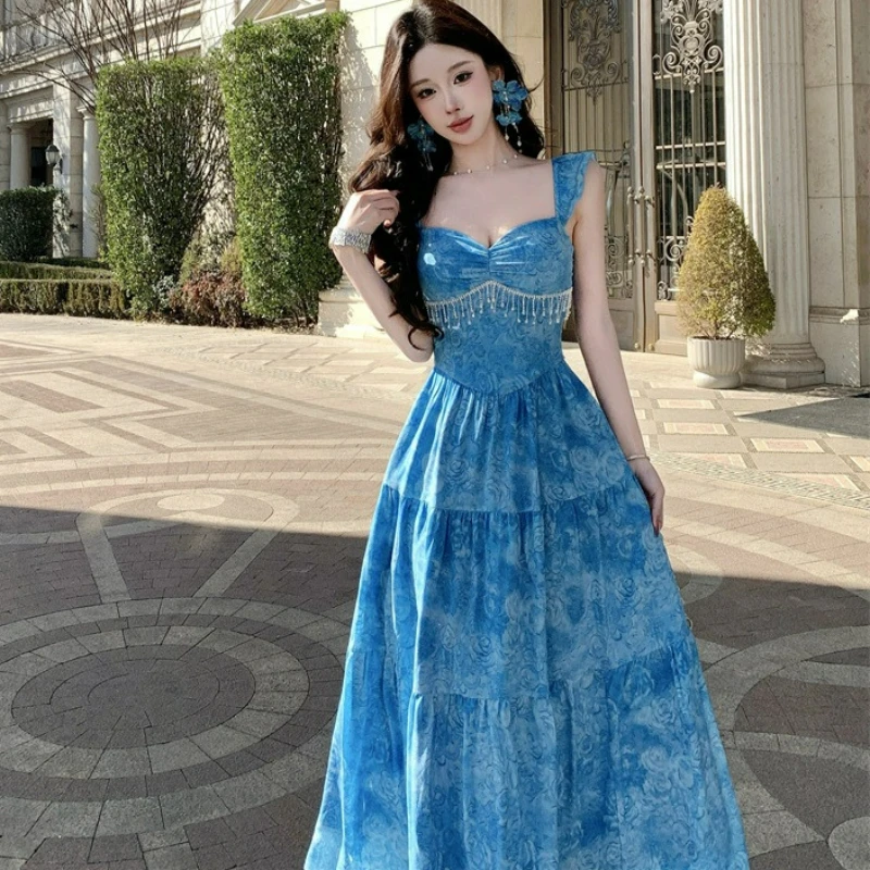 

Blue Sexy Backless Fringed Dress for Women New Summer 2026 Fashion French Niche Cinched Waist High-end and Light Luxury Dress