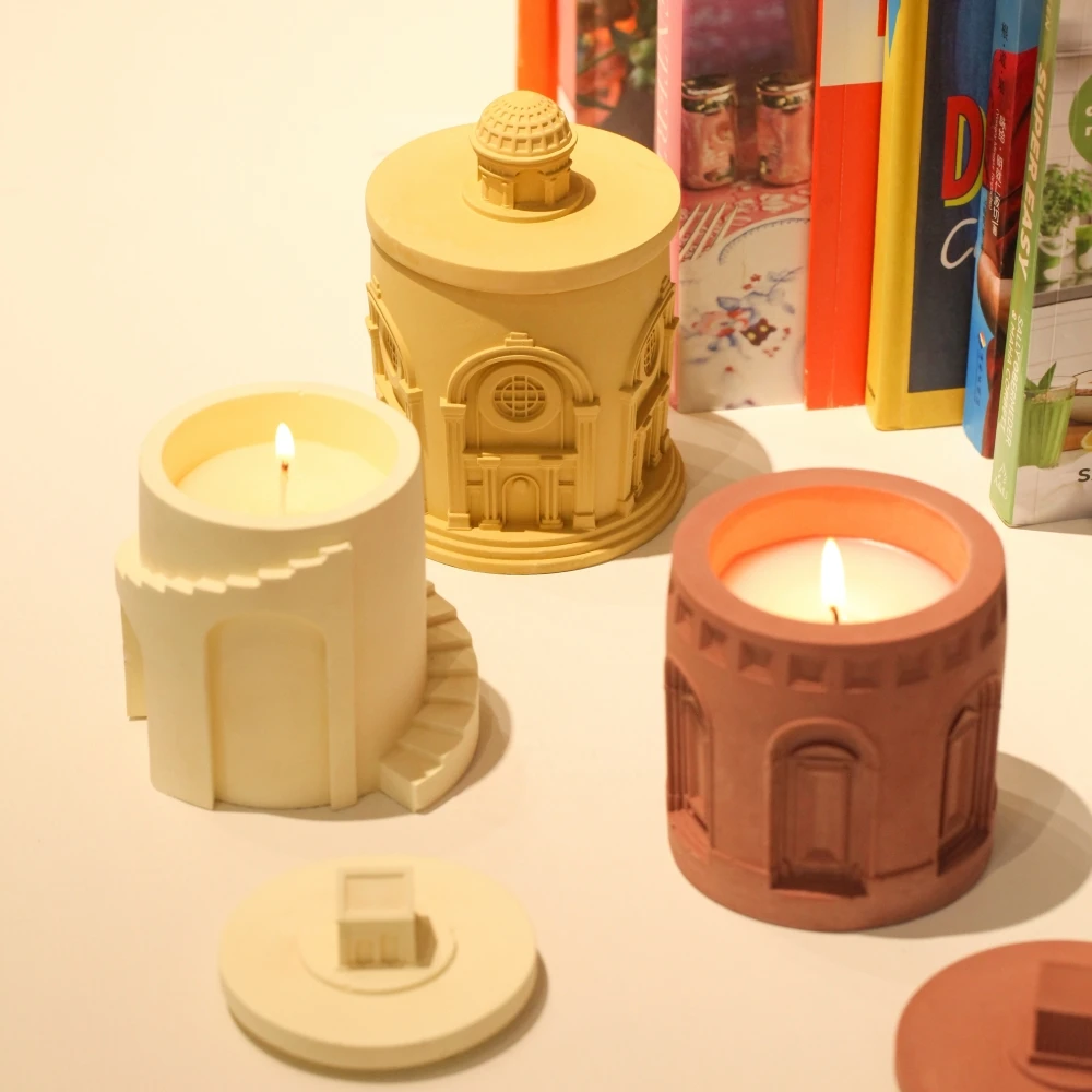 

Architectural Candle Jar Silicone Mold with Lids Jesmonite Pantheon Candle Container Making Mould DIY Storage Box Home Decors