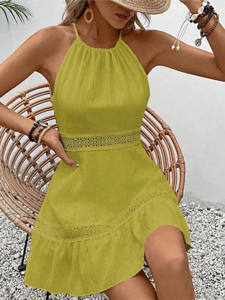 

New Summer Solid Color Hollow Lace Splicing Backless Halter Necklace Mini Skirt 2025 Fashionable Casual Sleeveless Skirt Females