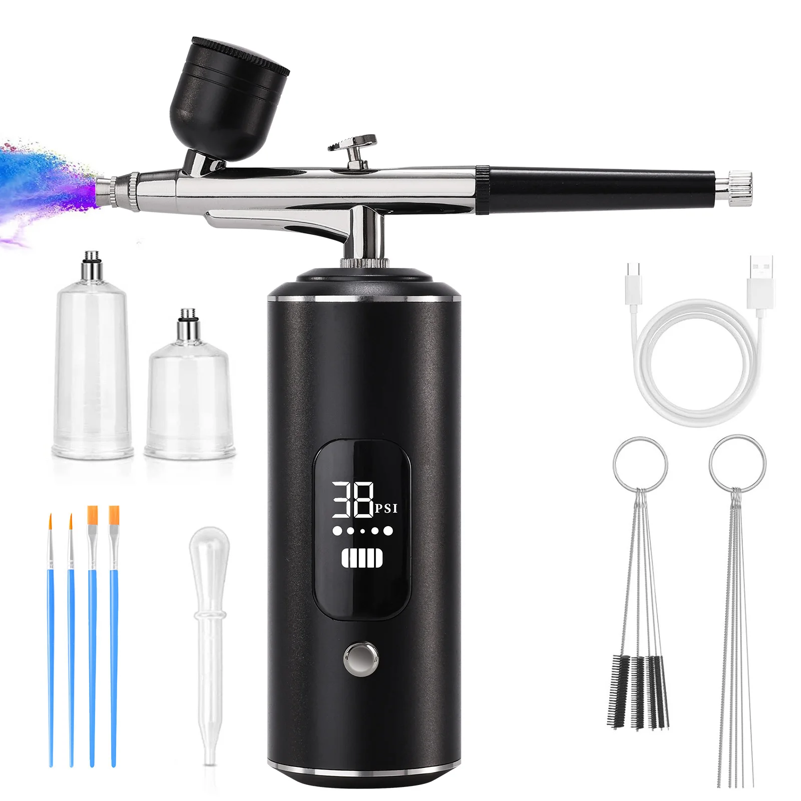 Draadloze spuitpistoolset met display verstelbaar 3, spijkerpistoolset, anti-verstopping, inclusief mondstuk van 0,3 mm, reinigingsborstel, verlenging