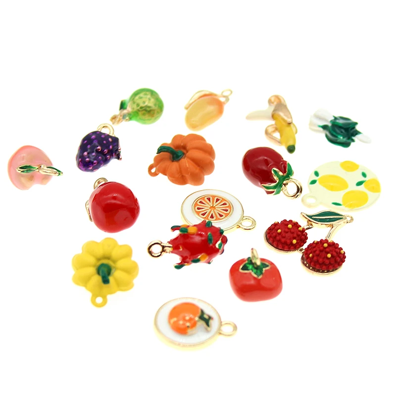 10pcst Enamel Fruit Three-dimensional Strawberry Charms Peach Persimmon Dragon Fruit Mango Banana Pendant for DIY Jewelry Making