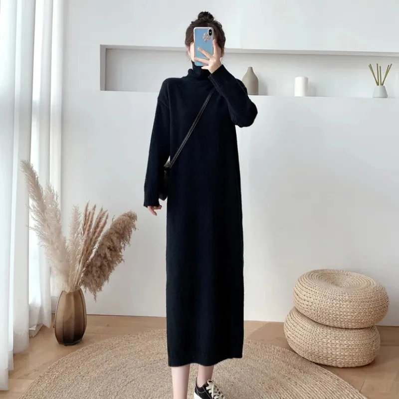 Autumn Winter Turtleneck Knitted Dress Women Elegant Side Slit Chic Long Sleeve Ankle Dress Fashion Korean Solid Casual Dresses