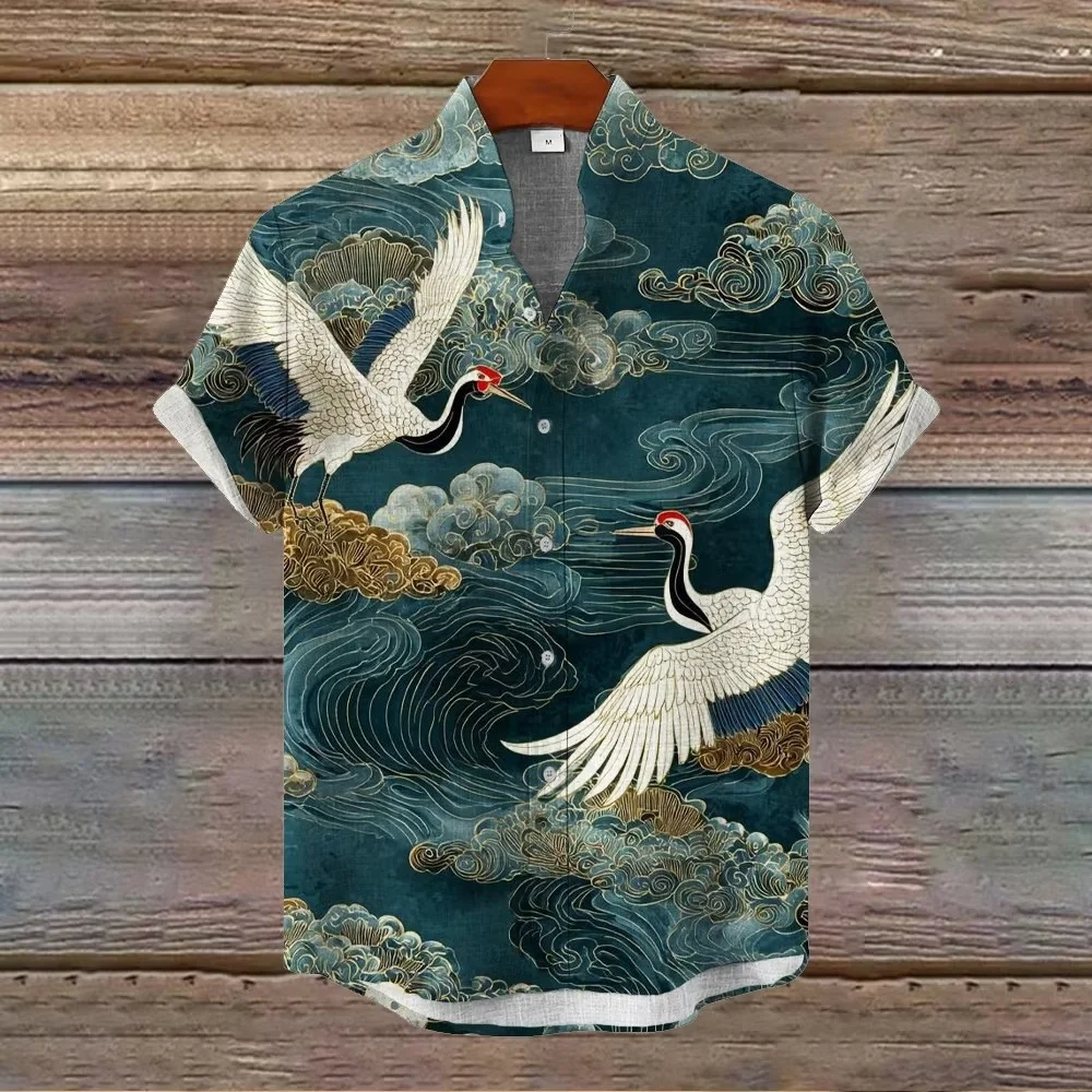 New ink wash raccoon flower cat Tibetan blue dragon red sun Japanese seal carved bird print men's short sleeved shirt