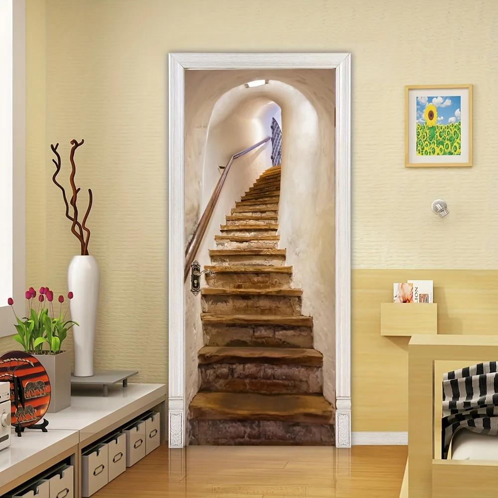 1 pair of abstract staircase design self-adhesive door stickers, suitable for home office staircase decoration style