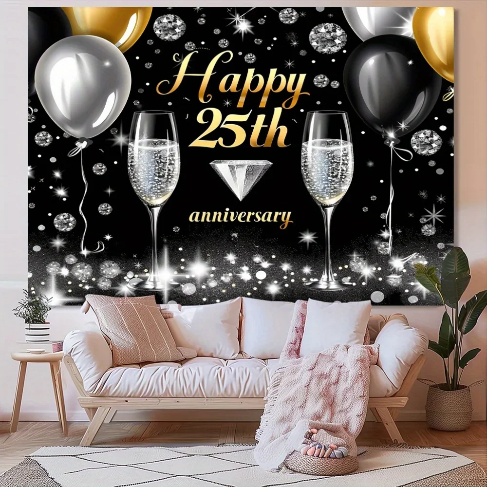 Happy 25th Anniversary Banner,Polyester wedding and anniversary party decor,black and silver background, no electricity required