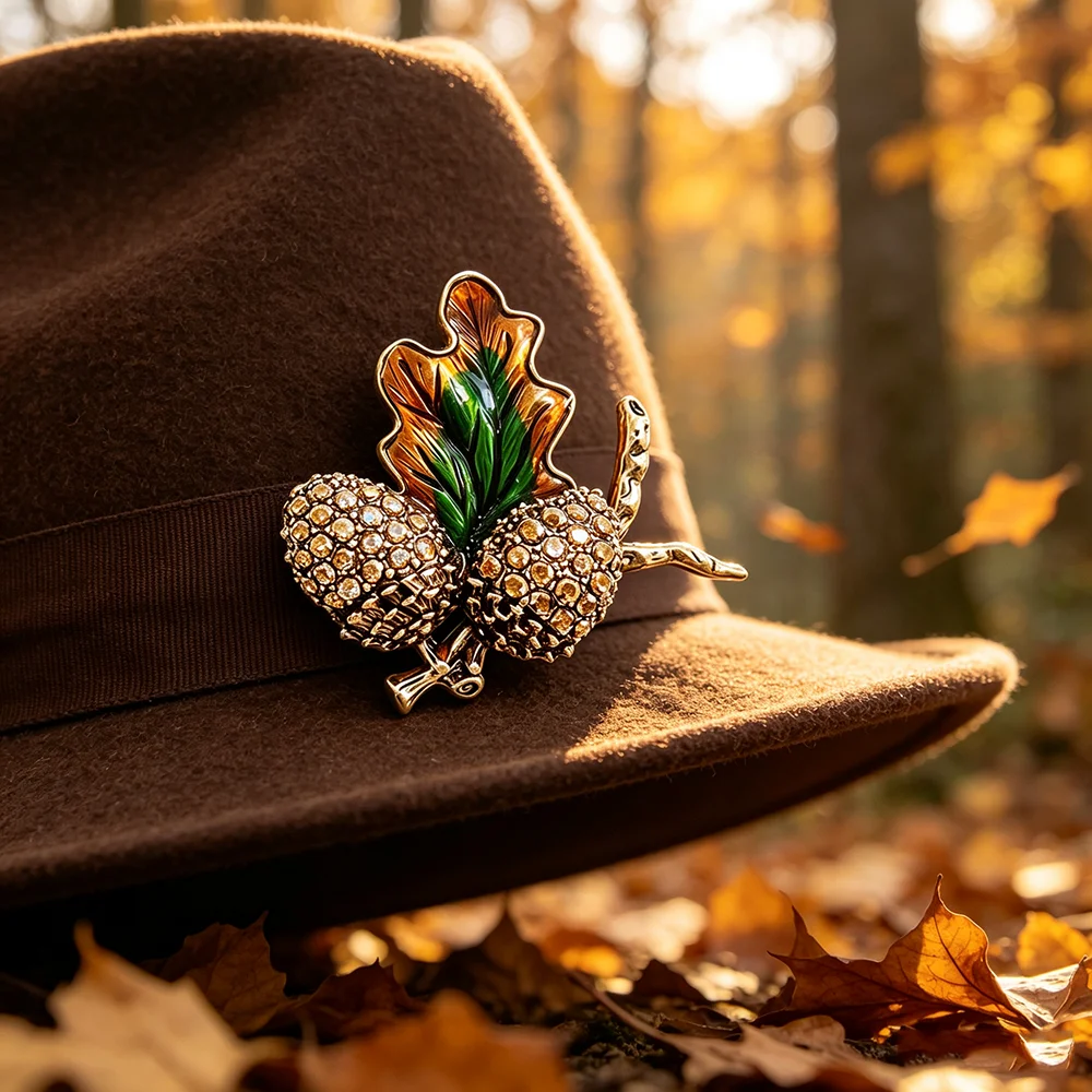 Vintage Rhinestone Acorn Oak Leaf Brooch, Retro Enamel Leaf Branch Lapel Pin, Autumn Plant Badge Coat Scarf Decor Jewelry Gift view 4