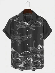 Hawaiian Men's Short Sleeve Shirt Whale Spray Print Beach Fashion Men's Lapel Top 2024 New Large Size Casual Men's Shirt