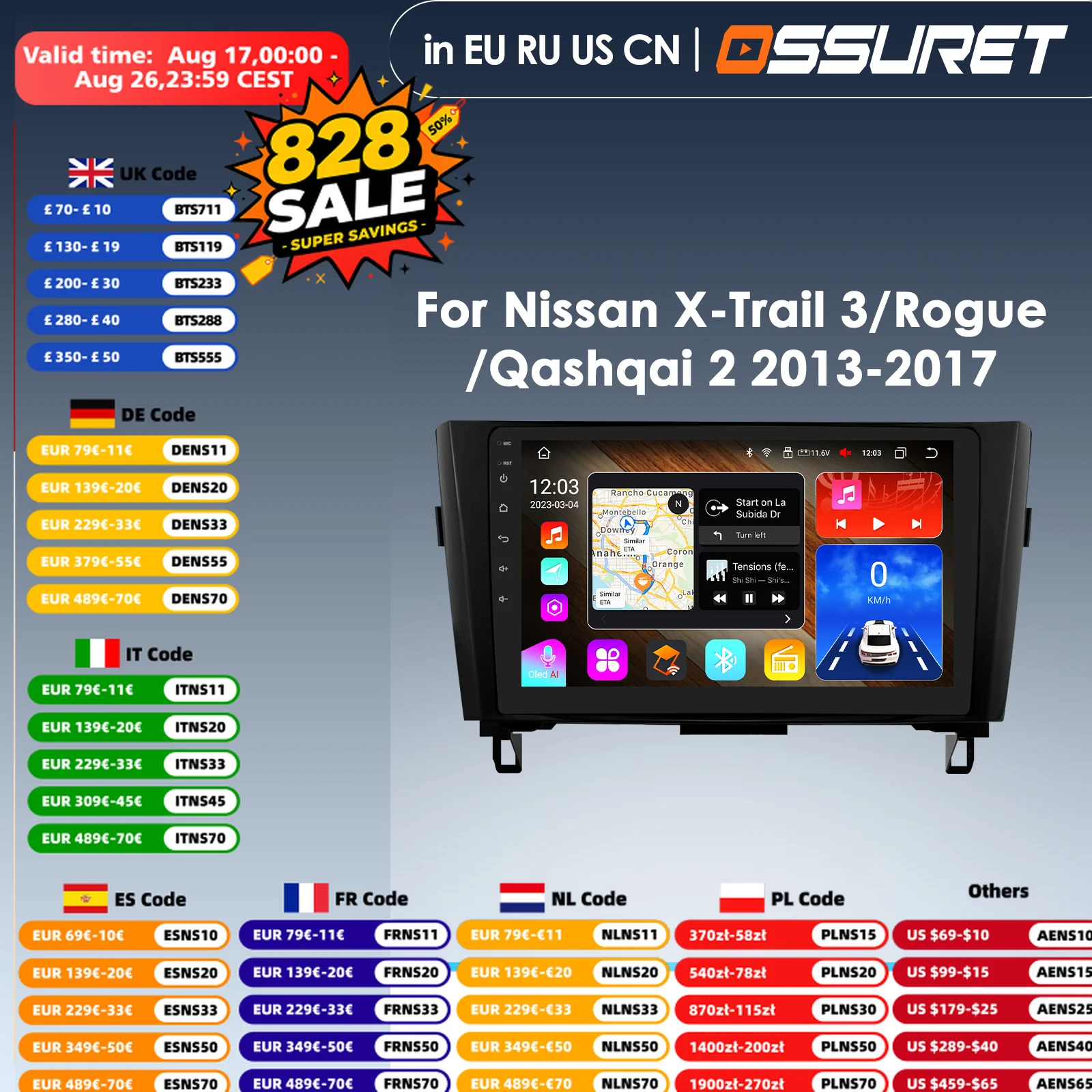 Автомагнитола 7862 с экраном Android 14, мультимедийный видеоплеер для Nissan Qashqai J11 X-Trail 3 T32 2013-2017, GPS, Carplay, Auto, 4G, CP